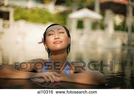 Young woman, at edge of swimming pool View Large Photo Image Stock Photograph - Young woman, at edge of swimming pool. Fotosearch