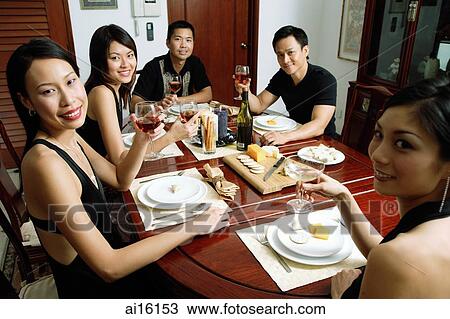 Adults having dinner party, smiling at camera View Large Photo Image Stock Image - Adults having dinner party, smiling at camera. Fotosearch