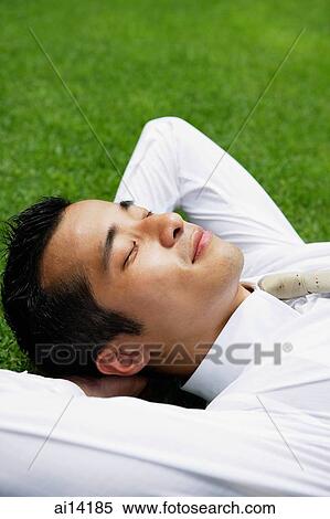 Businessman lying on grass, hands behind head View Large Photo Image Stock Photography - Businessman lying on grass, hands behind head. Fotosearch