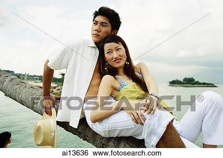 Couple sitting on tree, looking away, the sea and an island in the background View Large Photo Image Stock Photograph - Couple sitting on tree, looking away, the sea and an island in the background. Fotosearch