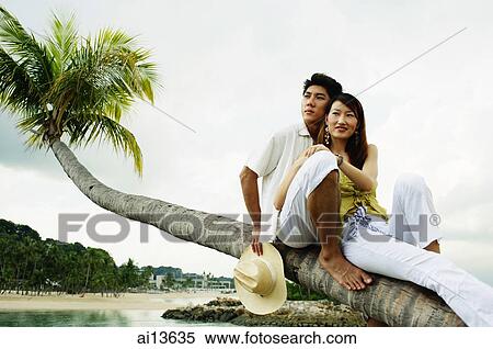 Couple sitting on tree, looking away View Large Photo Image Stock Photography - Couple sitting on tree, looking away. Fotosearch