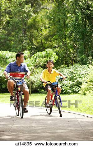 Stock Photography - Father and son cycling, side by side. Fotosearch