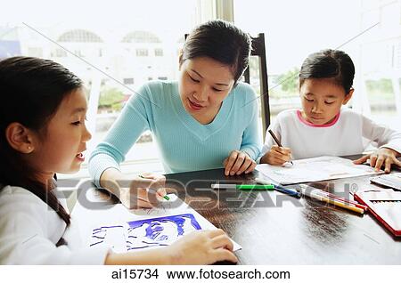 Picture - Mother with two girls, drawing. Fotosearch