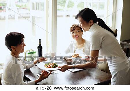 Stock Photo - Two women in restaurant, waitress serving their food. Fotosearch