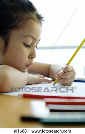 Young girl drawing, resting chin on arm, sideview View Large Photo Image Stock Image - Young girl drawing, resting chin on arm, sideview. Fotosearch