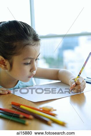 Young girl drawing with pencil View Large Photo Image Stock Image - Young girl drawing with pencil. Fotosearch