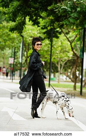 Woman dressed in black, walking dog View Large Photo Image Stock Image - Woman dressed in black, walking dog. Fotosearch