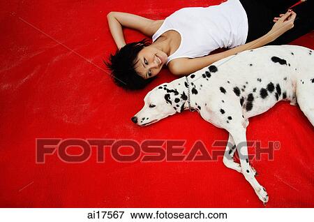 Woman with Dalmatian on red blanket View Large Photo Image Stock Photo - Woman with Dalmatian on red blanket . Fotosearch