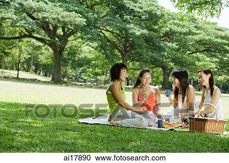 Young women picnicking in park View Large Photo Image Stock Image - Young women picnicking in park . Fotosearch