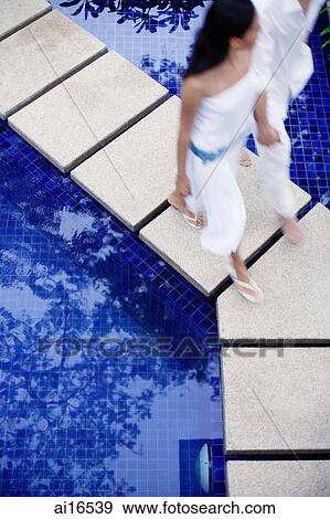 Couple walking across swimming pool View Large Photo Image Stock Photo - Couple walking across swimming pool . Fotosearch