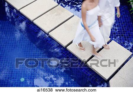 Couple walking on walkway across pool View Large Photo Image Stock Photo - Couple walking on walkway across pool . Fotosearch
