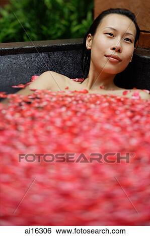 Woman in tub filled with floating rose petals, looking away View Large Photo Image Stock Photograph - Woman in tub filled with floating rose petals, looking away. Fotosearch