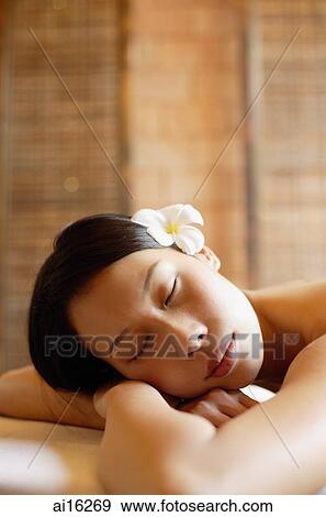 Woman leaning head on arms, eyes closed View Large Photo Image Stock Photo - Woman leaning head on arms, eyes closed . Fotosearch
