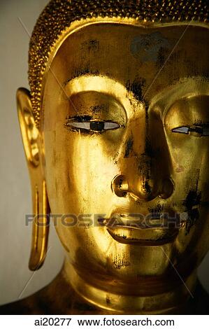 Golden Buddha face, Wat Pho, Bangkok, Thailand View Large Photo Image Stock Photo - Golden Buddha face, Wat Pho, Bangkok, Thailand. Fotosearch