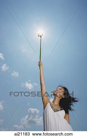 Woman holding sunflower stalk up in air View Large Photo Image Stock Image - Woman holding sunflower stalk up in air. Fotosearch