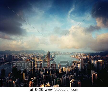 Hong Kong, Late afternoon, Central, Victoria harbour and Kowloon, viewed from the peak View Large Photo Image Stock Photo - Hong Kong, Late afternoon, Central, Victoria harbour and Kowloon, viewed from the peak. Fotosearch