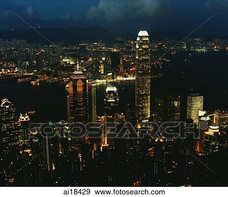 Stock Photo - Hong Kong, Night View, Central, Victoria harbour and Kowloon, view from the Peak. Fotosearch