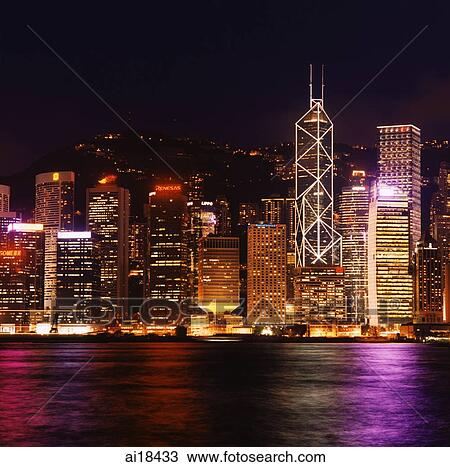 Hong Kong, Night View of skyscrapers, Central, Viewed from Star Ferry terminal View Large Photo Image Stock Image - Hong Kong, Night View of skyscrapers, Central, Viewed from Star Ferry terminal. Fotosearch