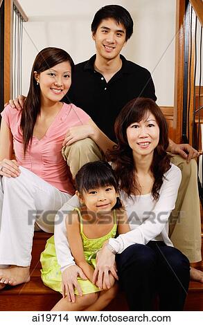 Picture - Three generation family sitting on stairs, portrait. Fotosearch