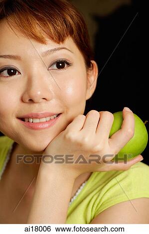 Woman holding green apple View Large Photo Image Stock Photograph - Woman holding green apple. Fotosearch