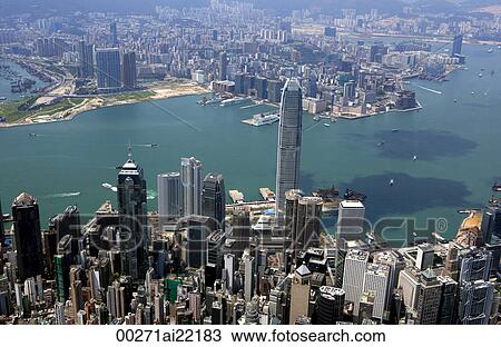Aerial view overlooking Central & Victoria Harbour, Hong Kong View Large Photo Image Stock Image - Aerial view overlooking Central & Victoria Harbour, Hong Kong. Fotosearch
