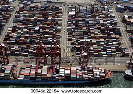 Picture - Aerial view overlooking Kwai Chung container Terminal, Hong Kong. Fotosearch