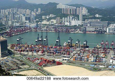 Aerial view overlooking Kwai Chung container Terminal, Hong Kong View Large Photo Image Stock Photo - Aerial view overlooking Kwai Chung container Terminal, Hong Kong. Fotosearch