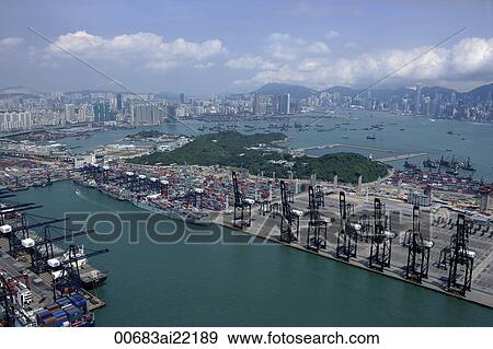 Aerial view overlooking Kwai Chung container Terminal, Hong Kong View Large Photo Image Stock Photo - Aerial view overlooking Kwai Chung container Terminal, Hong Kong. Fotosearch