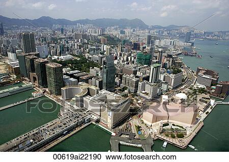 Stock Image - Aerial view overlooking Tsimshatsui, Kowloon, Hong Kong. Fotosearch
