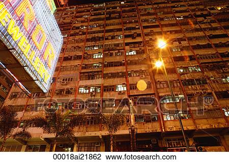 Stock Image - Chunking Mansions, Hong Kong, low angle view. Fotosearch
