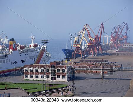 Stock Image - Dalian Port, Cargo Terminal, China. Fotosearch