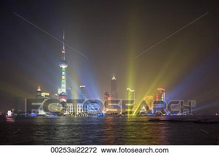 Stock Image - Light show in Pudong, Shanghai, China. Fotosearch