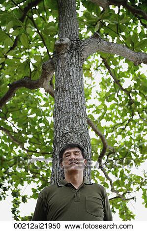 Stock Image - Man standing under tree, relaxing. Fotosearch