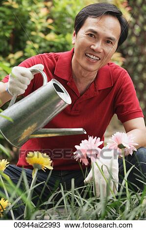 Stock Image - Man watering plants in the garden. Fotosearch
