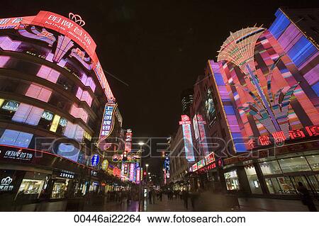 Picture - Nanjing Road at night, Shanghai, China. Fotosearch