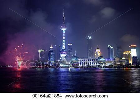 Picture - Oriental Pearl TV Tower, view from the Bund, Shanghai, China. Fotosearch