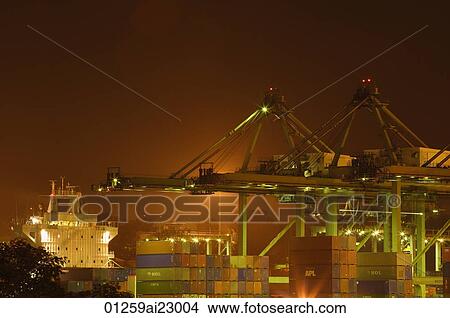 Picture - Shipping port at night. Fotosearch