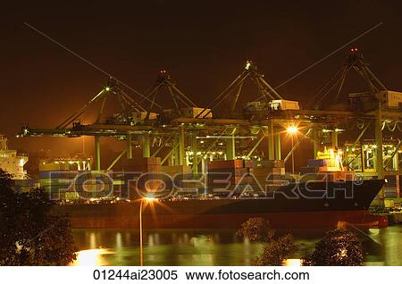 Shipping port at night View Large Photo Image Stock Photography - Shipping port at night. Fotosearch