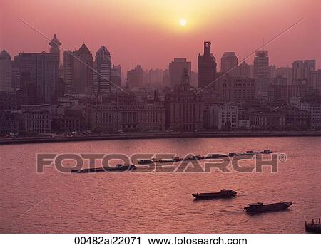 Whampoa River at dusk, Shanghai, China View Large Photo Image Stock Image - Whampoa River at dusk, Shanghai, China. Fotosearch