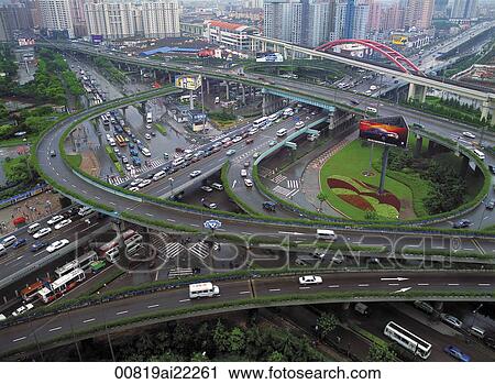 Stock Image - Yan'an Road West Intersection, Shanghai, China. Fotosearch
