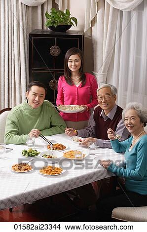 Family at dinner table having traditional food View Large Photo Image Picture - Family at dinner table having traditional food. Fotosearch