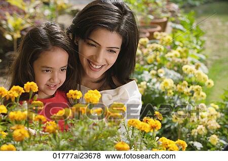 Stock Photo - mother and daughter look at flowers. Fotosearch