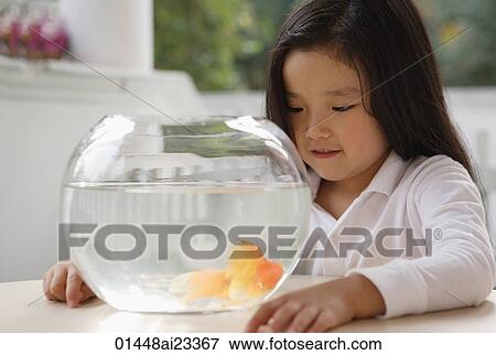 Stock Photo - Young girl looking at goldfish bowl. Fotosearch