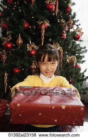 Young girl presenting Christmas present View Large Photo Image Stock Photo - Young girl presenting Christmas present. Fotosearch