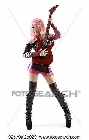 若い ﾋｯﾌﾟ 女性 保有物 電気 ギター ポーズを取る 写真館 イメージ館 ai Fotosearch