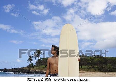 man standing on beach with surfboard View Large Photo Image Stock Photo - man standing on beach with surfboard. Fotosearch