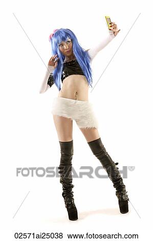 Stock Photo - young hip lady posing, taking picture using mobile phone. Fotosearch