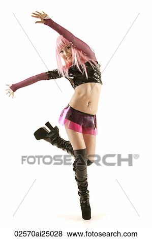 Stock Photo - young hip lady raising arms to sideway, one leg kick back. Fotosearch
