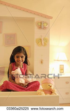 little girl on bed with teddy bear View Large Photo Image Stock Photography - little girl on bed with teddy bear. Fotosearch