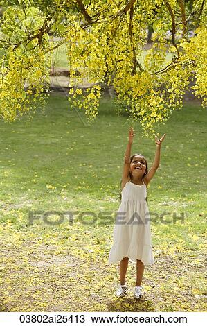 Stock Image - little girl reaching up to tree. Fotosearch
